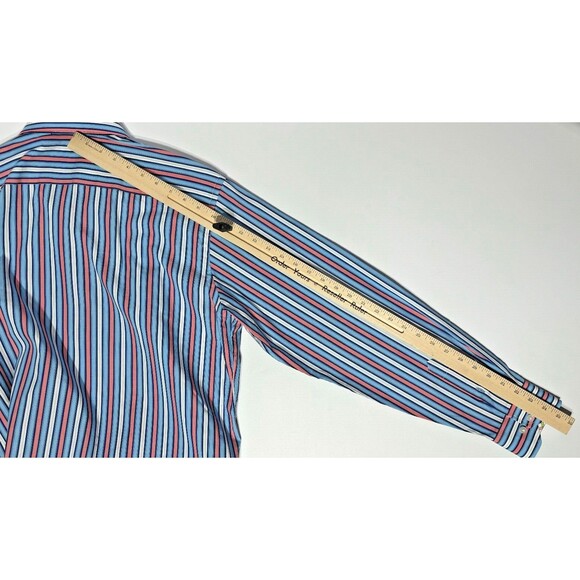NWT $99 Tailor Byrd LS Button Down Shirt Blue Pink Stripe Flip Cuff Men’s Size L - Picture 11 of 11